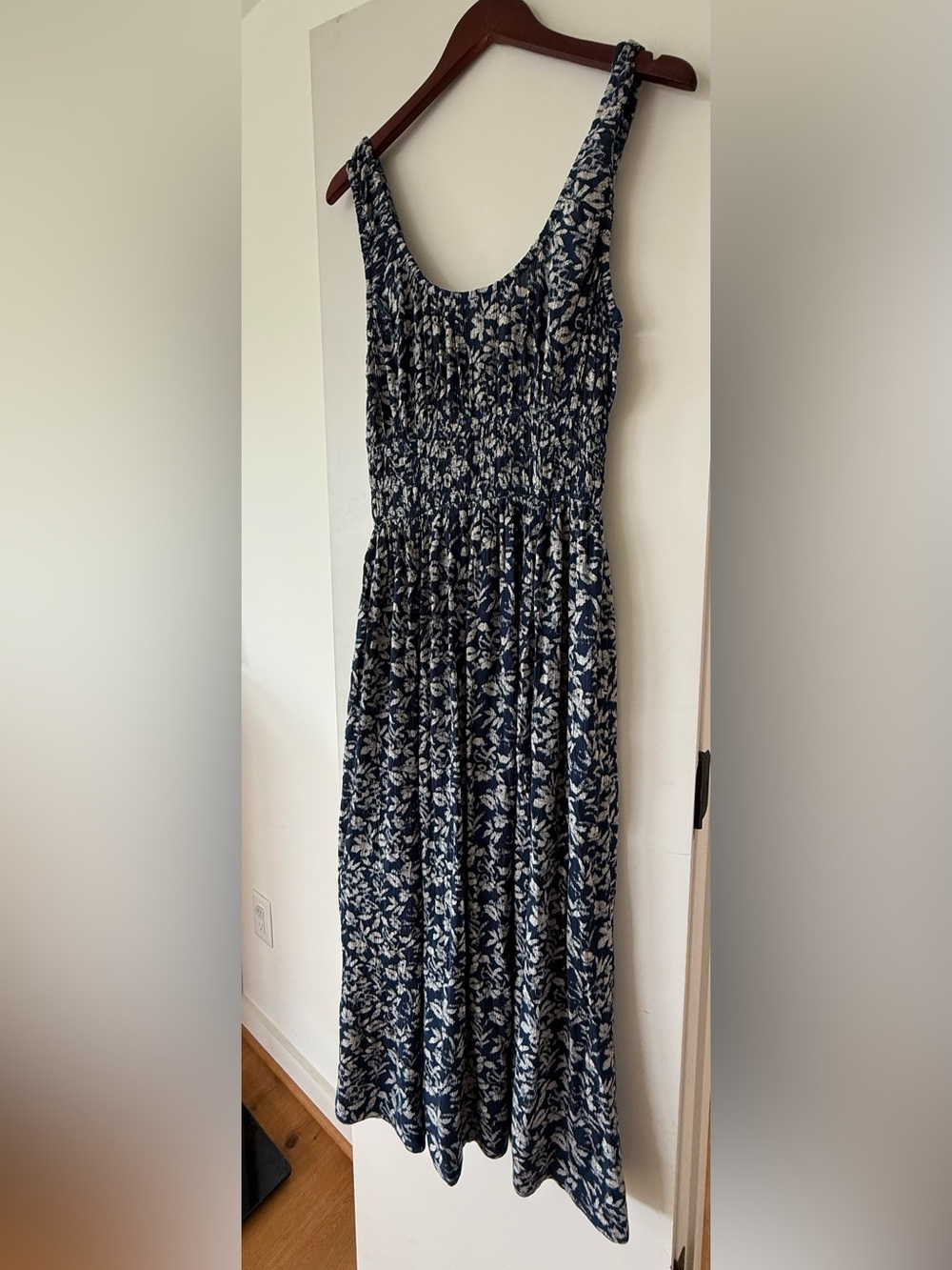 Faherty Navy and White Floral Smocked Midi Dress